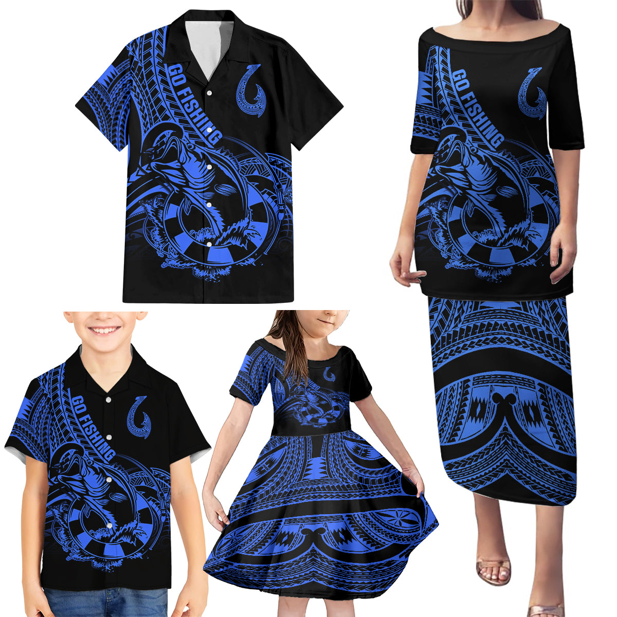 Polynesia Family Matching Puletasi Dress and Hawaiian Shirt Fish Hook Tattoo Go Fishing Polynesian Pattern Blue - Wonder Print Shop