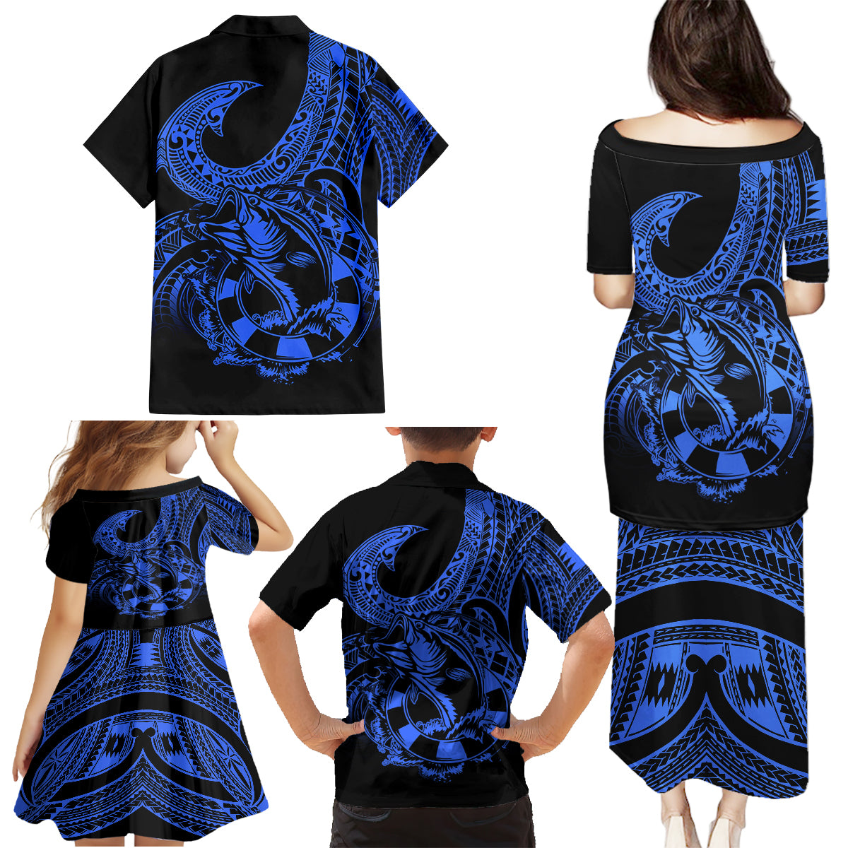 Polynesia Family Matching Puletasi Dress and Hawaiian Shirt Fish Hook Tattoo Go Fishing Polynesian Pattern Blue - Wonder Print Shop