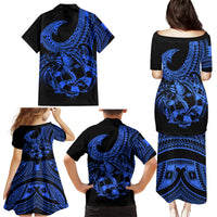Polynesia Family Matching Puletasi Dress and Hawaiian Shirt Fish Hook Tattoo Go Fishing Polynesian Pattern Blue - Wonder Print Shop