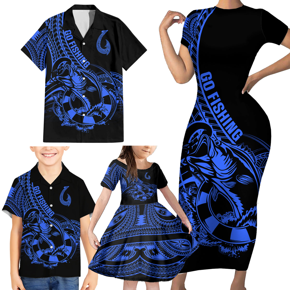 Polynesia Family Matching Short Sleeve Bodycon Dress and Hawaiian Shirt Fish Hook Tattoo Go Fishing Polynesian Pattern Blue - Wonder Print Shop