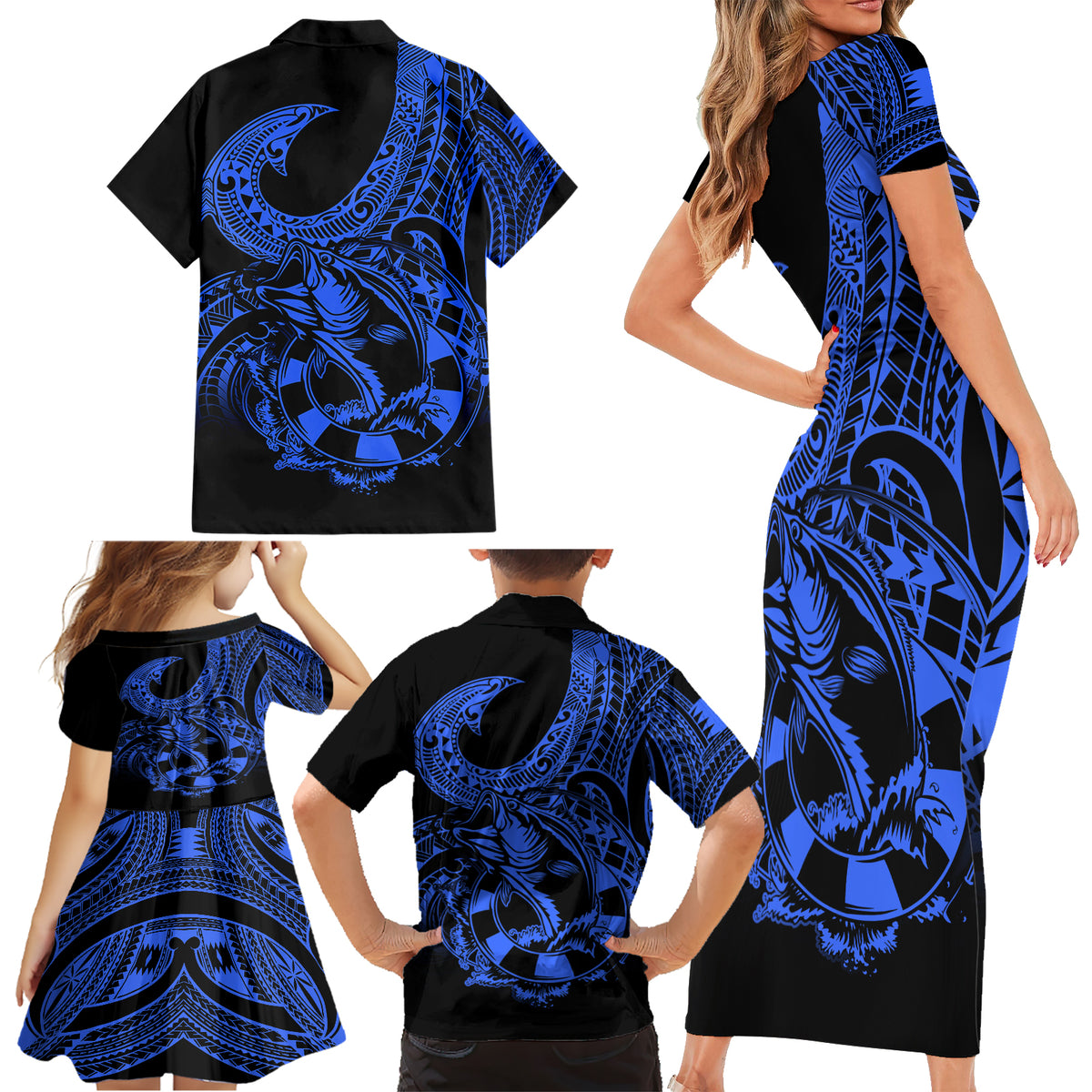 Polynesia Family Matching Short Sleeve Bodycon Dress and Hawaiian Shirt Fish Hook Tattoo Go Fishing Polynesian Pattern Blue - Wonder Print Shop