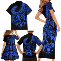 Polynesia Family Matching Short Sleeve Bodycon Dress and Hawaiian Shirt Fish Hook Tattoo Go Fishing Polynesian Pattern Blue - Wonder Print Shop