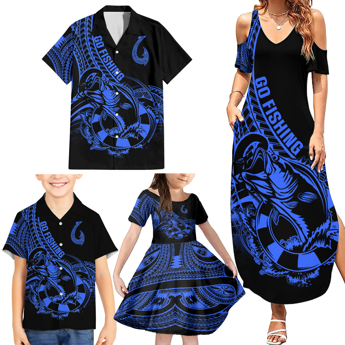 Polynesia Family Matching Summer Maxi Dress and Hawaiian Shirt Fish Hook Tattoo Go Fishing Polynesian Pattern Blue - Wonder Print Shop