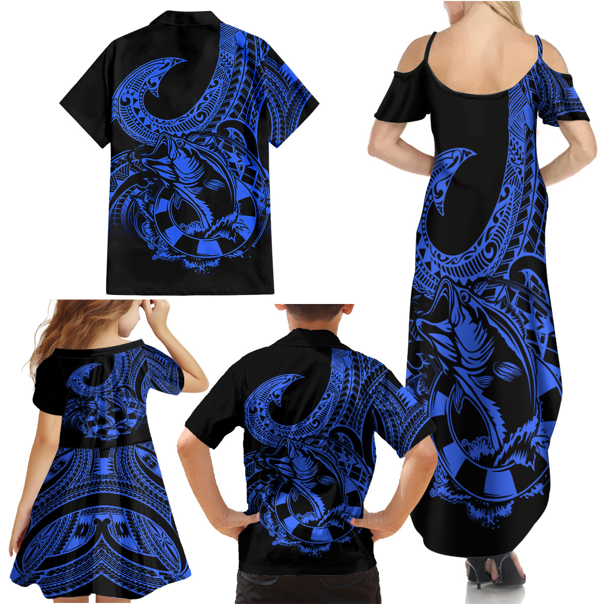 Polynesia Family Matching Summer Maxi Dress and Hawaiian Shirt Fish Hook Tattoo Go Fishing Polynesian Pattern Blue - Wonder Print Shop