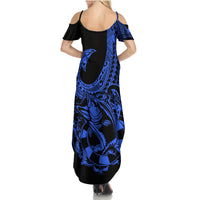 Polynesia Family Matching Summer Maxi Dress and Hawaiian Shirt Fish Hook Tattoo Go Fishing Polynesian Pattern Blue - Wonder Print Shop