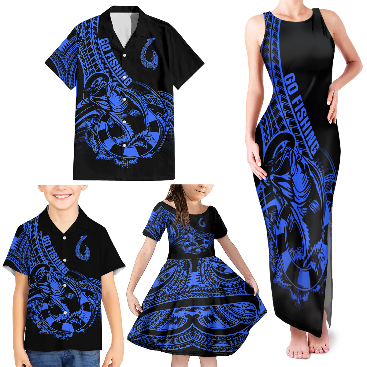 Polynesia Family Matching Tank Maxi Dress and Hawaiian Shirt Fish Hook Tattoo Go Fishing Polynesian Pattern Blue - Wonder Print Shop