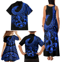 Polynesia Family Matching Tank Maxi Dress and Hawaiian Shirt Fish Hook Tattoo Go Fishing Polynesian Pattern Blue - Wonder Print Shop