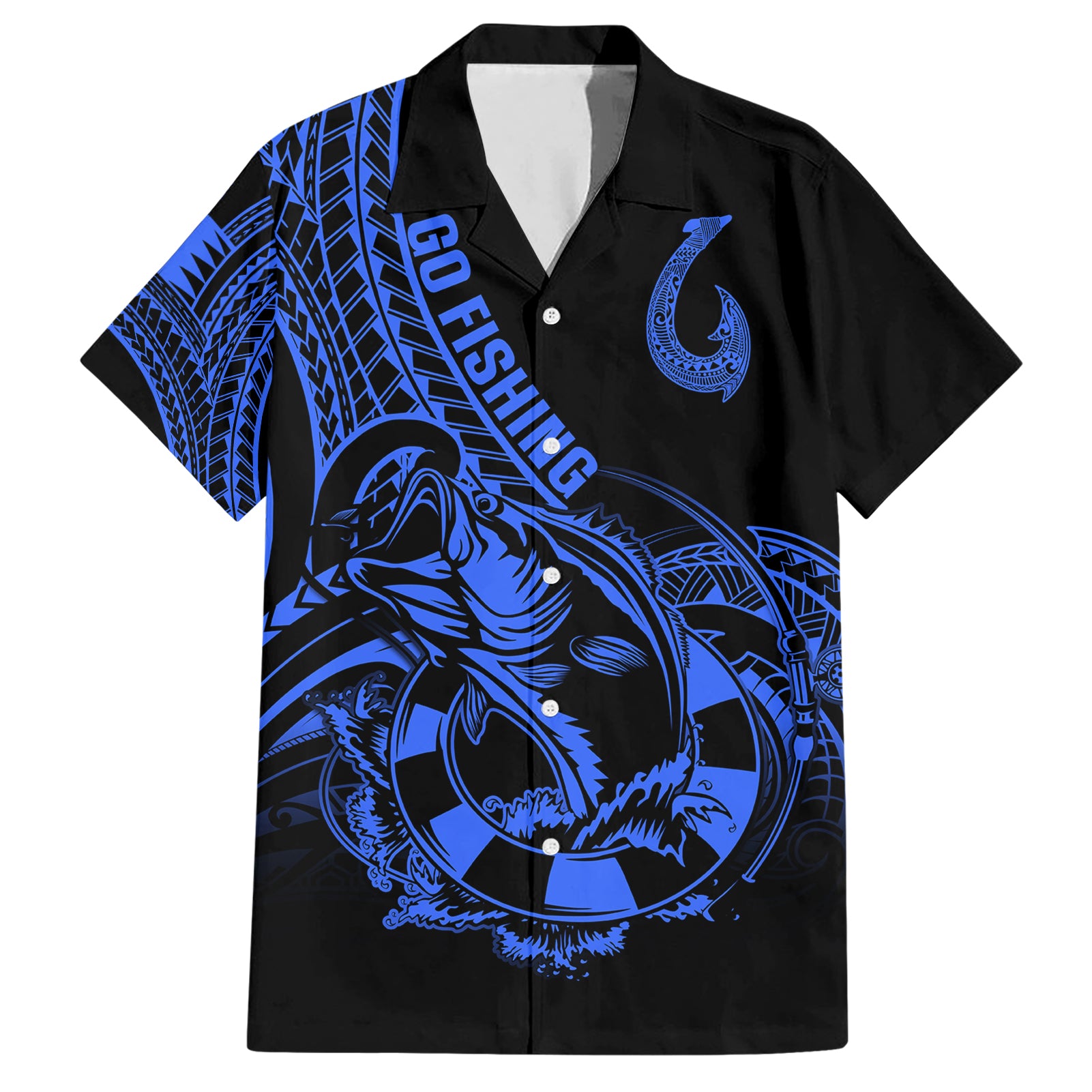 Polynesia Hawaiian Shirt Fish Hook Tattoo Go Fishing Polynesian Pattern Blue - Wonder Print Shop