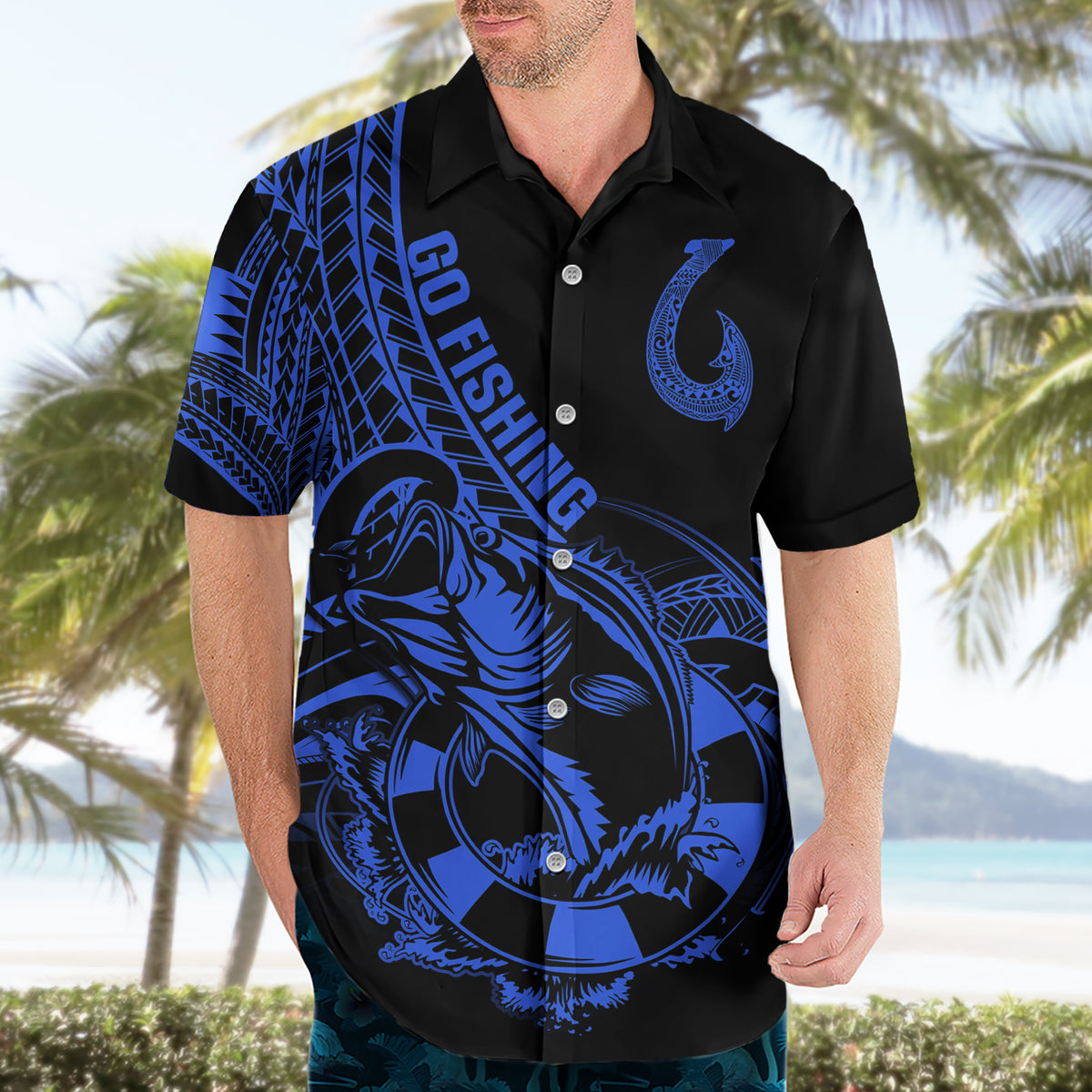 Polynesia Hawaiian Shirt Fish Hook Tattoo Go Fishing Polynesian Pattern Blue - Wonder Print Shop