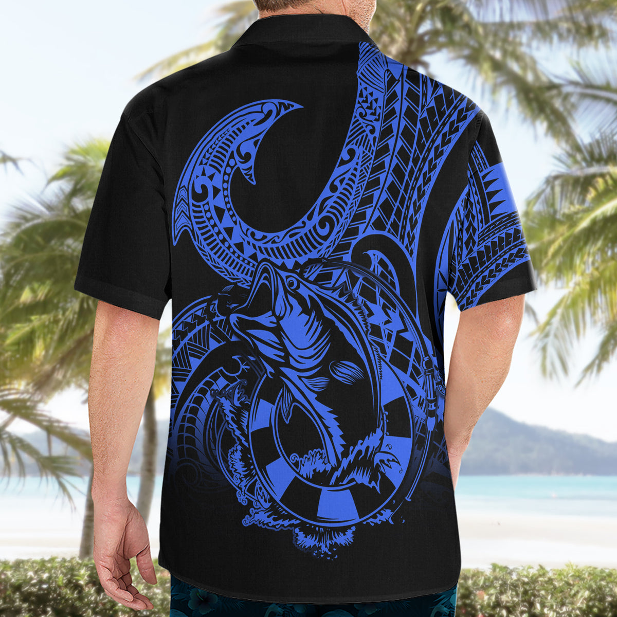 Polynesia Hawaiian Shirt Fish Hook Tattoo Go Fishing Polynesian Pattern Blue - Wonder Print Shop