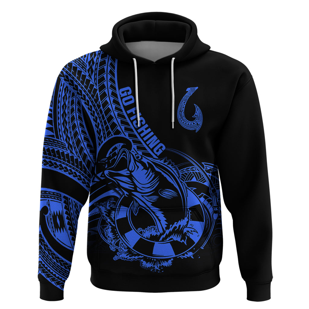 Polynesia Hoodie Fish Hook Tattoo Go Fishing Polynesian Pattern Blue - Wonder Print Shop