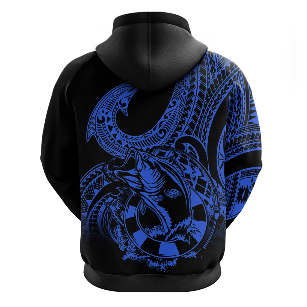 Polynesia Hoodie Fish Hook Tattoo Go Fishing Polynesian Pattern Blue - Wonder Print Shop