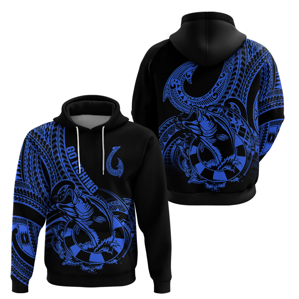 Polynesia Hoodie Fish Hook Tattoo Go Fishing Polynesian Pattern Blue - Wonder Print Shop
