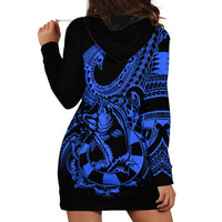 Polynesia Hoodie Dress Fish Hook Tattoo Go Fishing Polynesian Pattern Blue - Wonder Print Shop