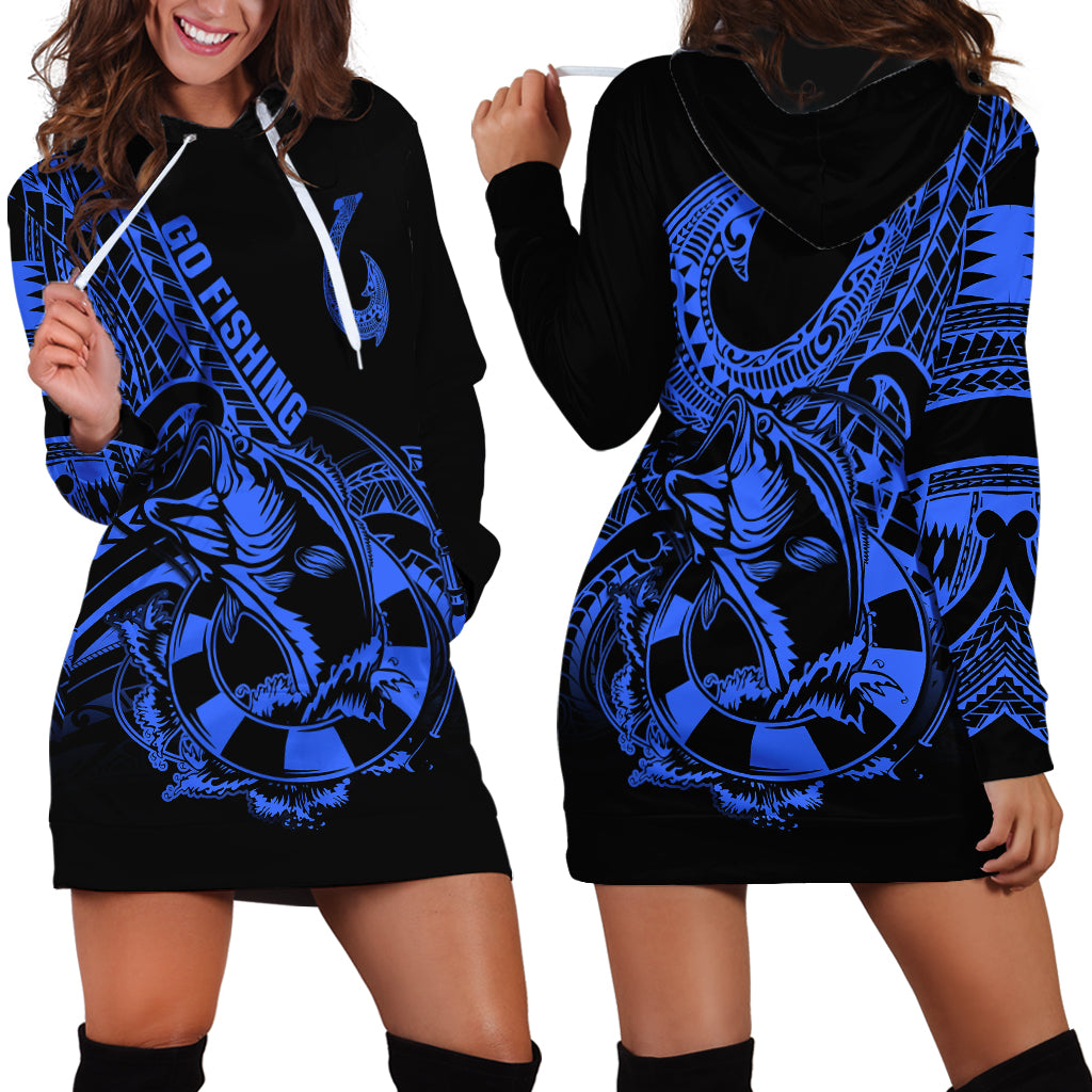 Polynesia Hoodie Dress Fish Hook Tattoo Go Fishing Polynesian Pattern Blue - Wonder Print Shop