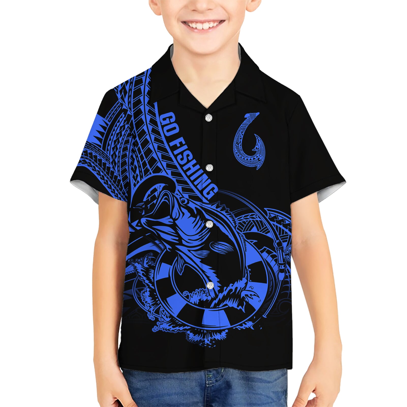 Polynesia Kid Hawaiian Shirt Fish Hook Tattoo Go Fishing Polynesian Pattern Blue - Wonder Print Shop