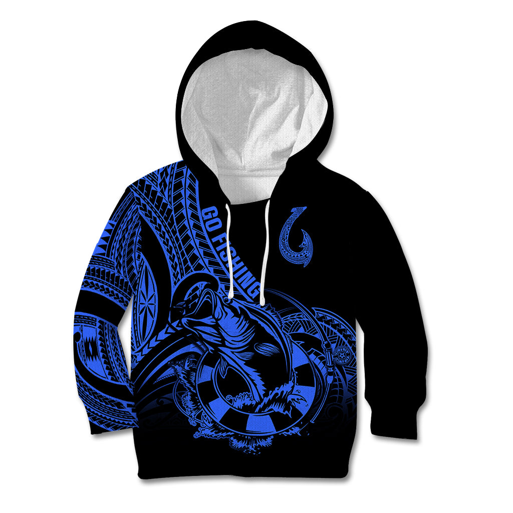 Polynesia Kid Hoodie Fish Hook Tattoo Go Fishing Polynesian Pattern Blue - Wonder Print Shop