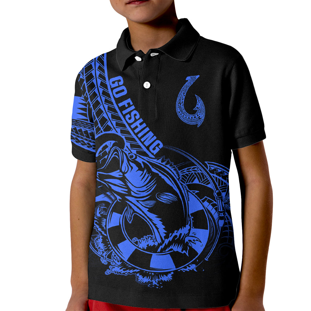 Polynesia Kid Polo Shirt Fish Hook Tattoo Go Fishing Polynesian Pattern Blue - Wonder Print Shop