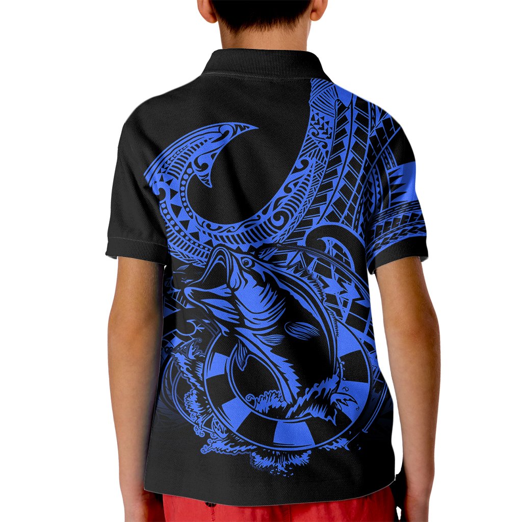 Polynesia Kid Polo Shirt Fish Hook Tattoo Go Fishing Polynesian Pattern Blue - Wonder Print Shop