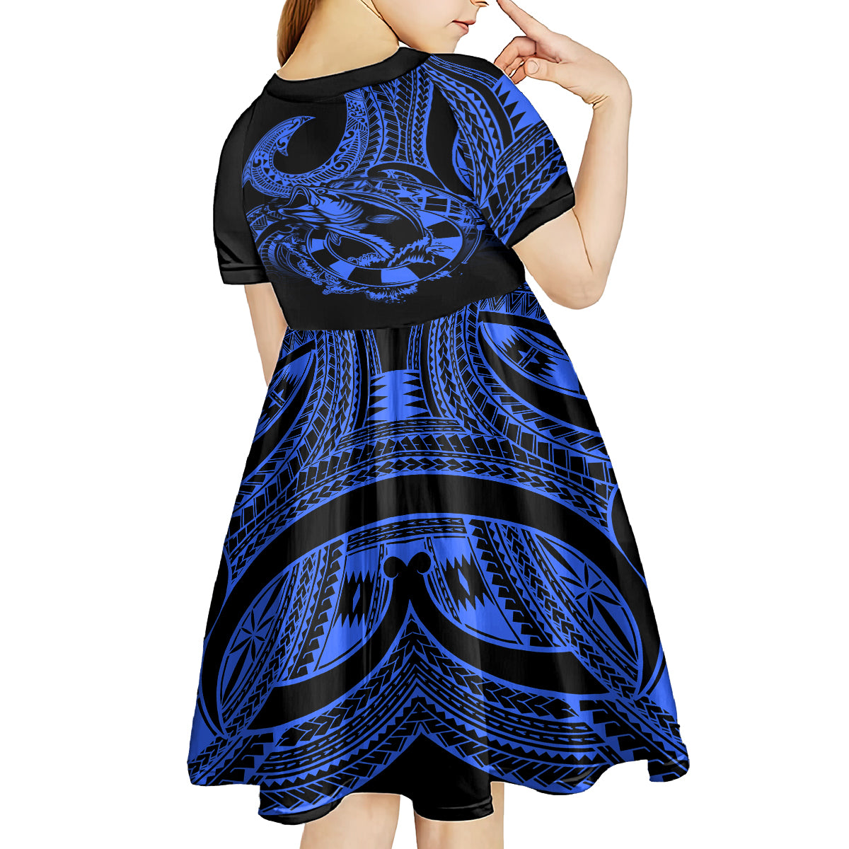 Polynesia Kid Short Sleeve Dress Fish Hook Tattoo Go Fishing Polynesian Pattern Blue - Wonder Print Shop