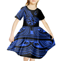 Polynesia Kid Short Sleeve Dress Fish Hook Tattoo Go Fishing Polynesian Pattern Blue - Wonder Print Shop