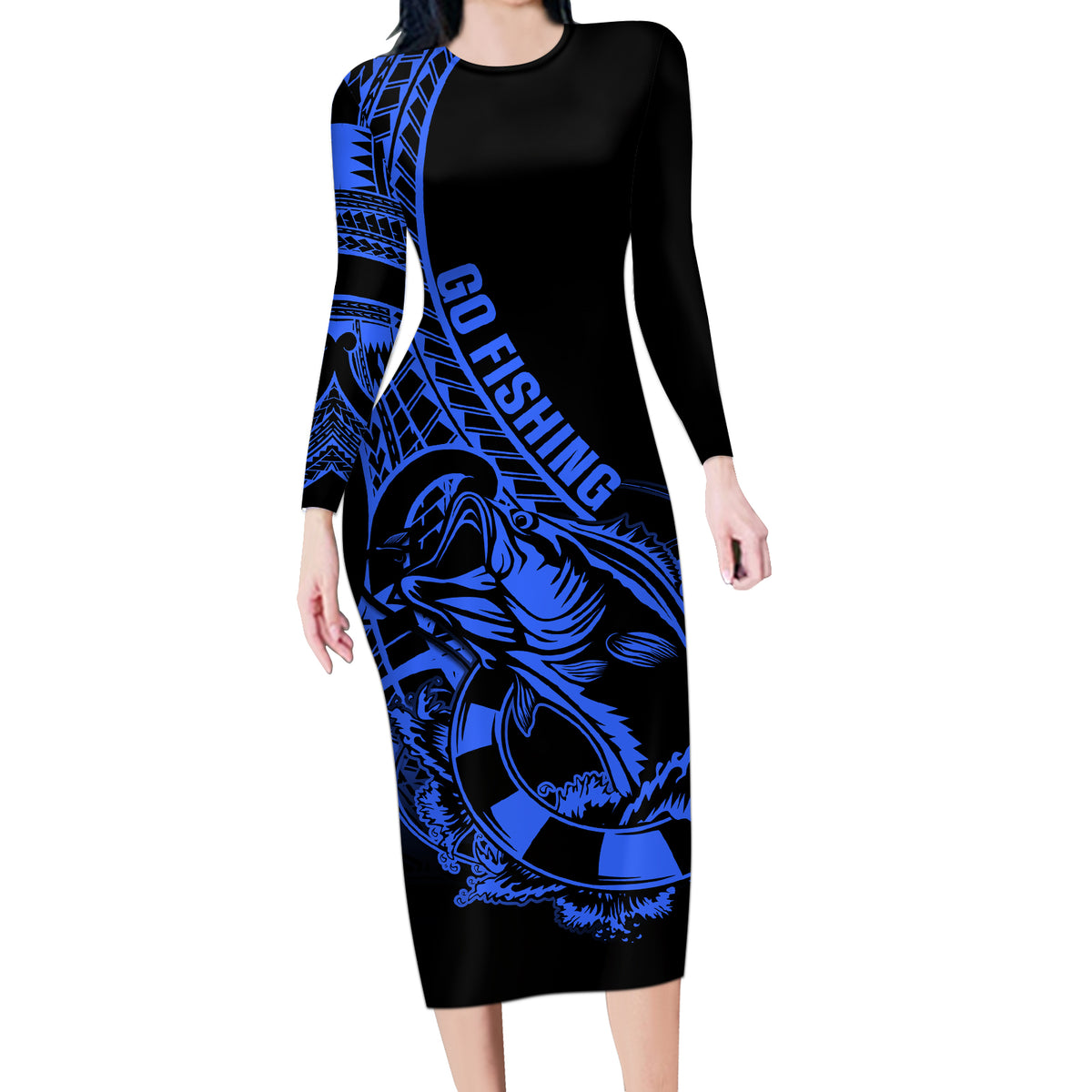 Polynesia Long Sleeve Bodycon Dress Fish Hook Tattoo Go Fishing Polynesian Pattern Blue - Wonder Print Shop