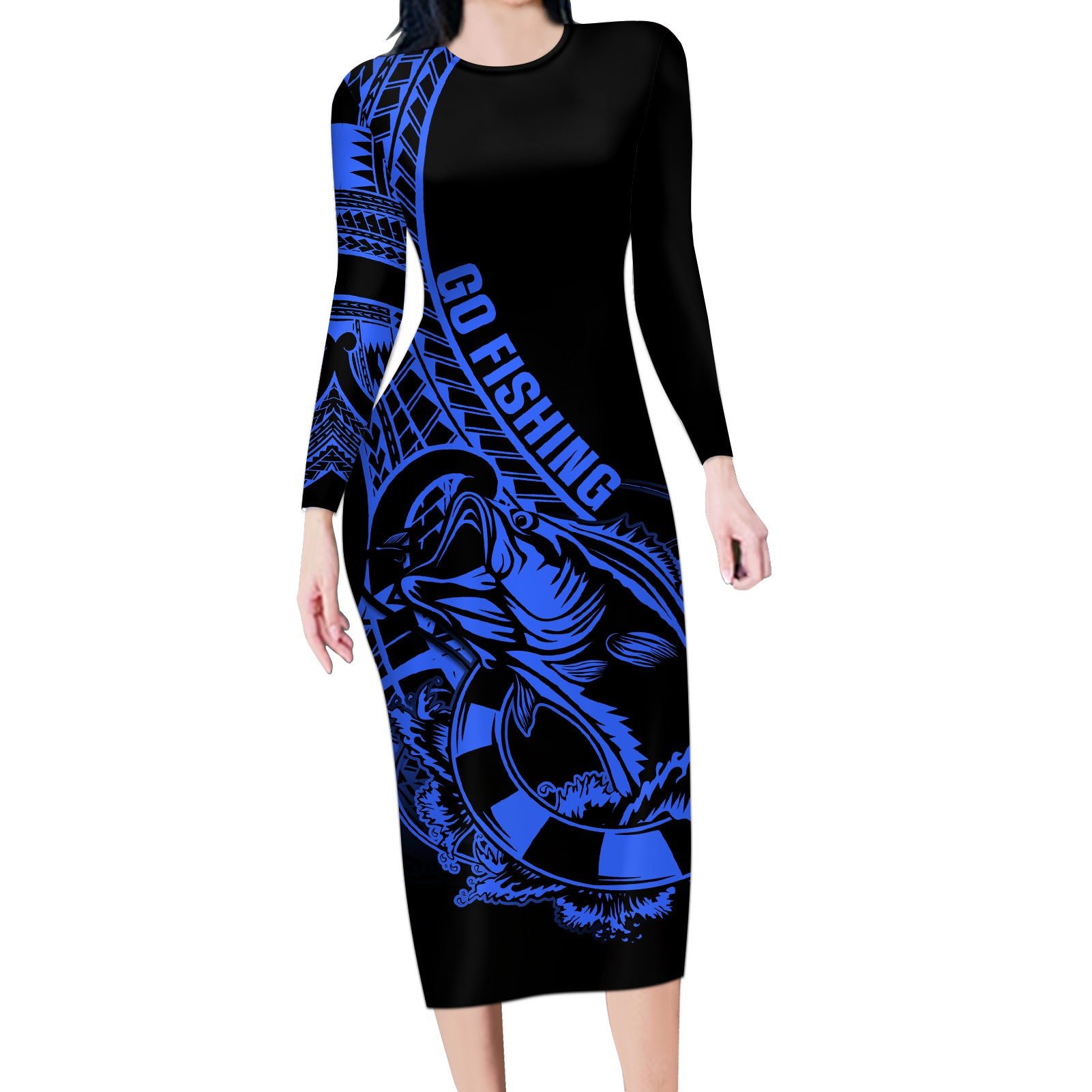 Polynesia Long Sleeve Bodycon Dress Fish Hook Tattoo Go Fishing Polynesian Pattern Blue - Wonder Print Shop