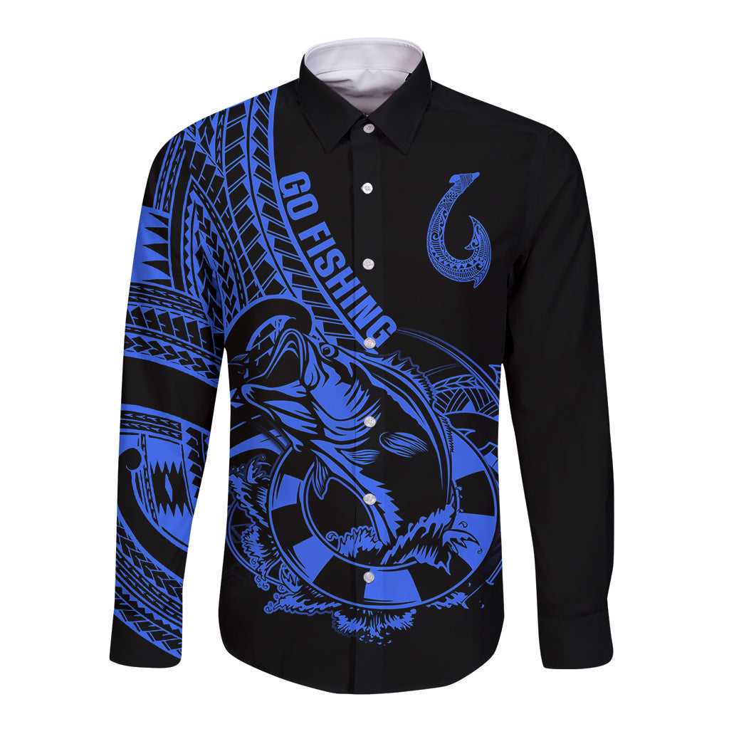 Polynesia Long Sleeve Button Shirt Fish Hook Tattoo Go Fishing Polynesian Pattern Blue - Wonder Print Shop
