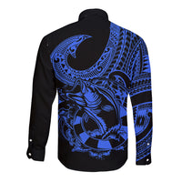 Polynesia Long Sleeve Button Shirt Fish Hook Tattoo Go Fishing Polynesian Pattern Blue - Wonder Print Shop