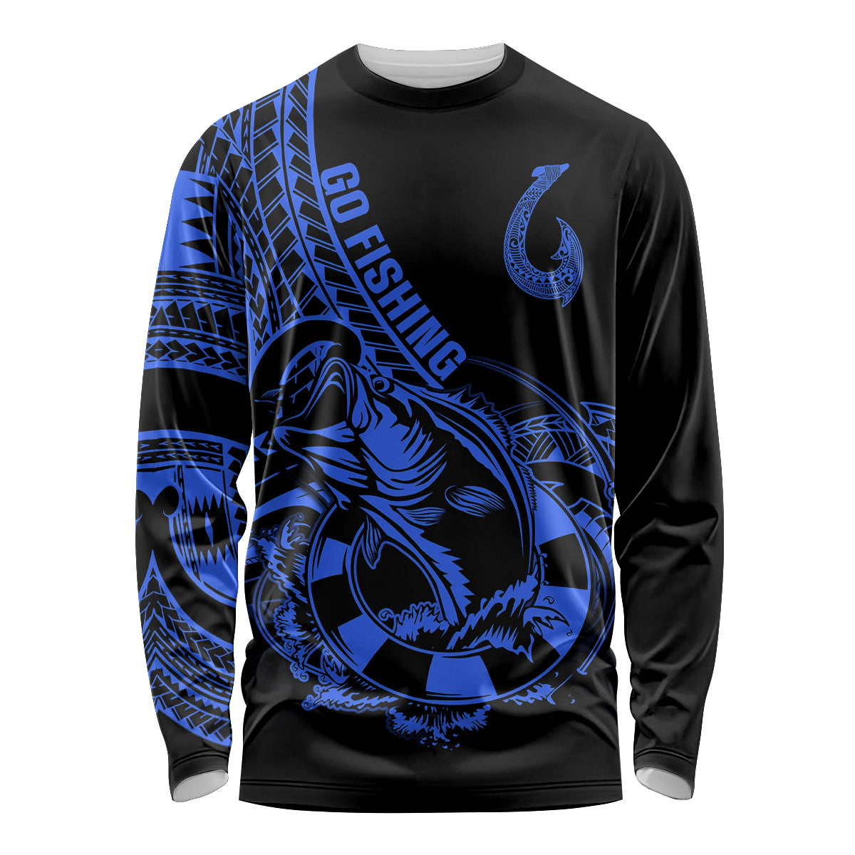 Polynesia Long Sleeve Shirt Fish Hook Tattoo Go Fishing Polynesian Pattern Blue - Wonder Print Shop