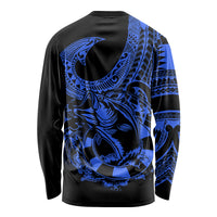 Polynesia Long Sleeve Shirt Fish Hook Tattoo Go Fishing Polynesian Pattern Blue - Wonder Print Shop