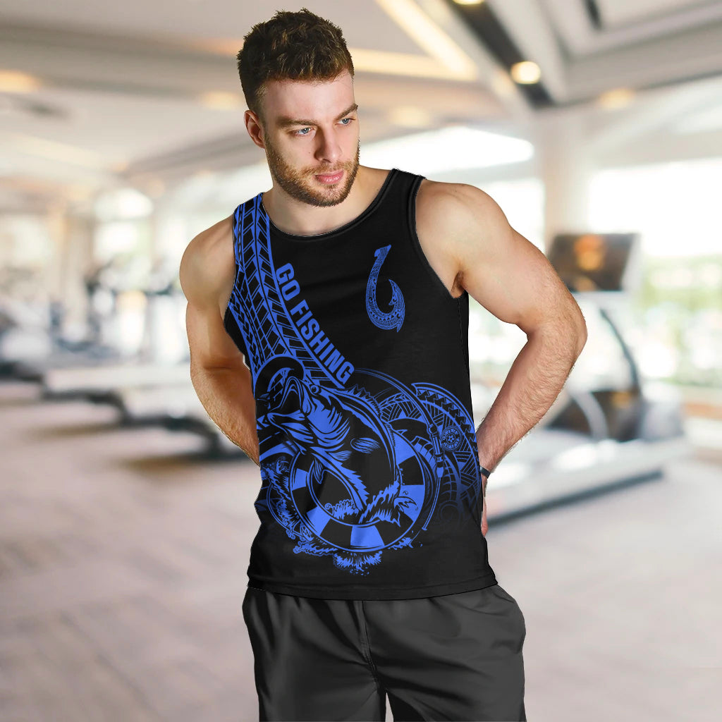 Polynesia Men Tank Top Fish Hook Tattoo Go Fishing Polynesian Pattern Blue - Wonder Print Shop