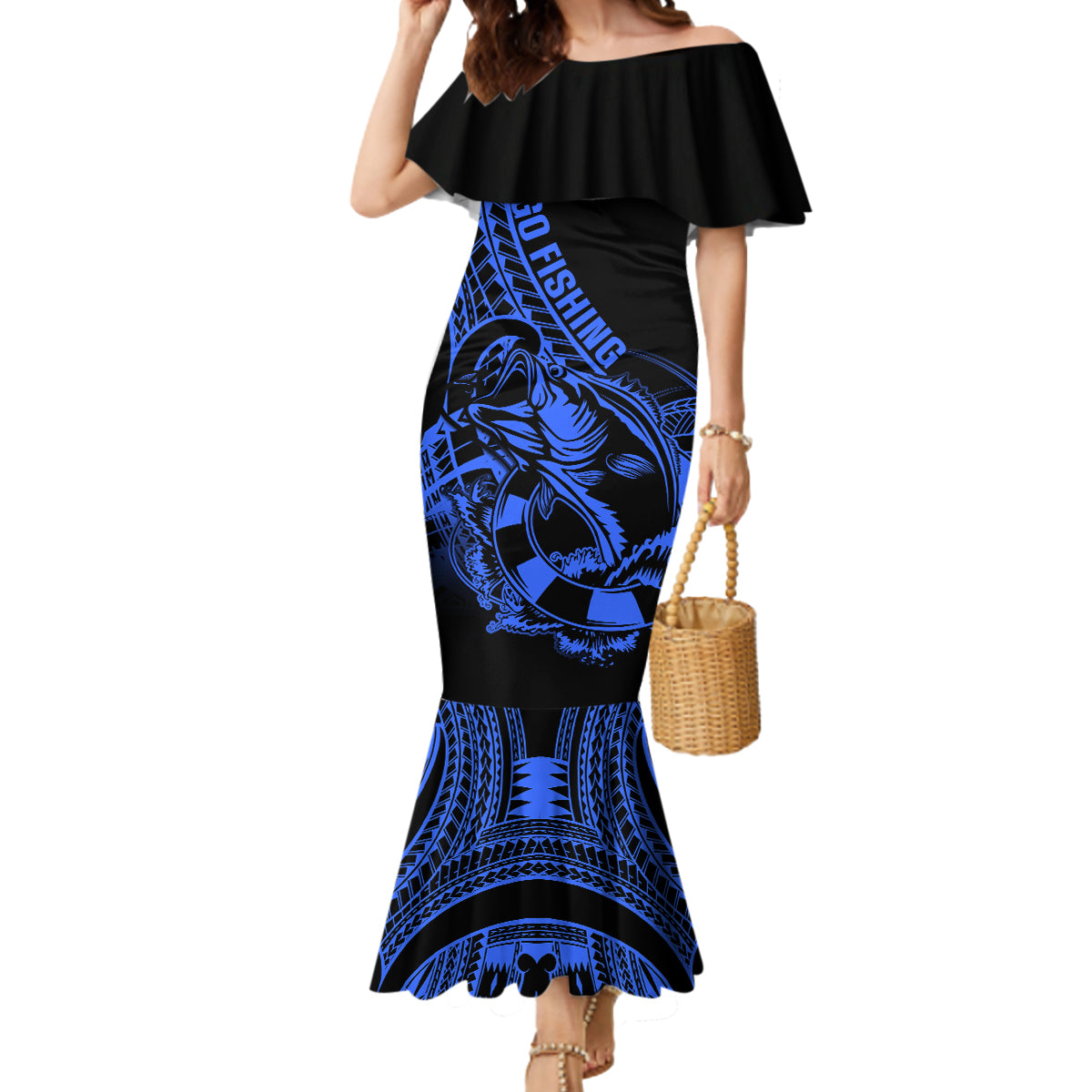 Polynesia Mermaid Dress Fish Hook Tattoo Go Fishing Polynesian Pattern Blue - Wonder Print Shop