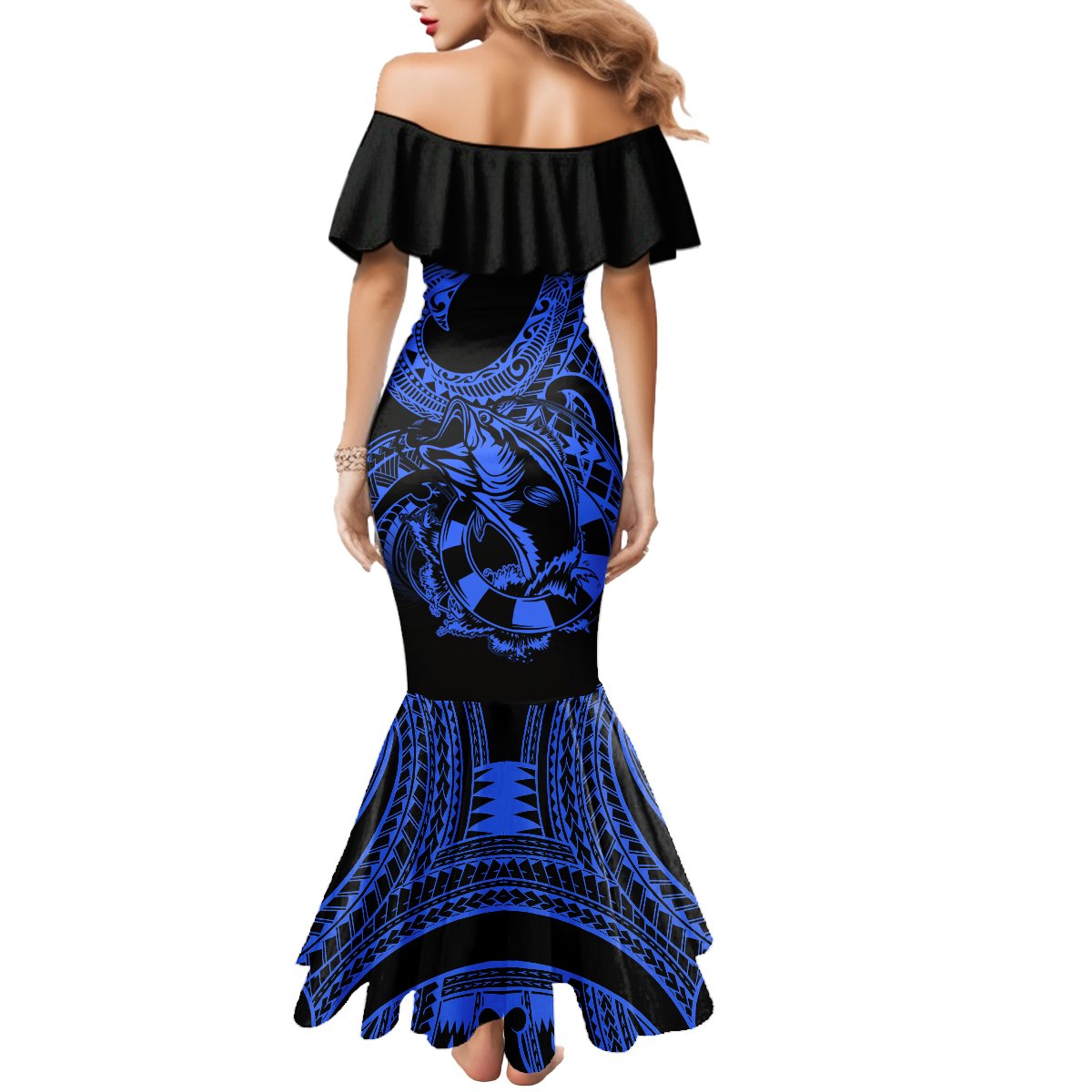 Polynesia Mermaid Dress Fish Hook Tattoo Go Fishing Polynesian Pattern Blue - Wonder Print Shop