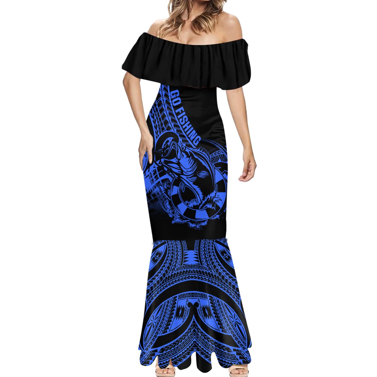 Polynesia Mermaid Dress Fish Hook Tattoo Go Fishing Polynesian Pattern Blue - Wonder Print Shop