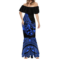 Polynesia Mermaid Dress Fish Hook Tattoo Go Fishing Polynesian Pattern Blue - Wonder Print Shop