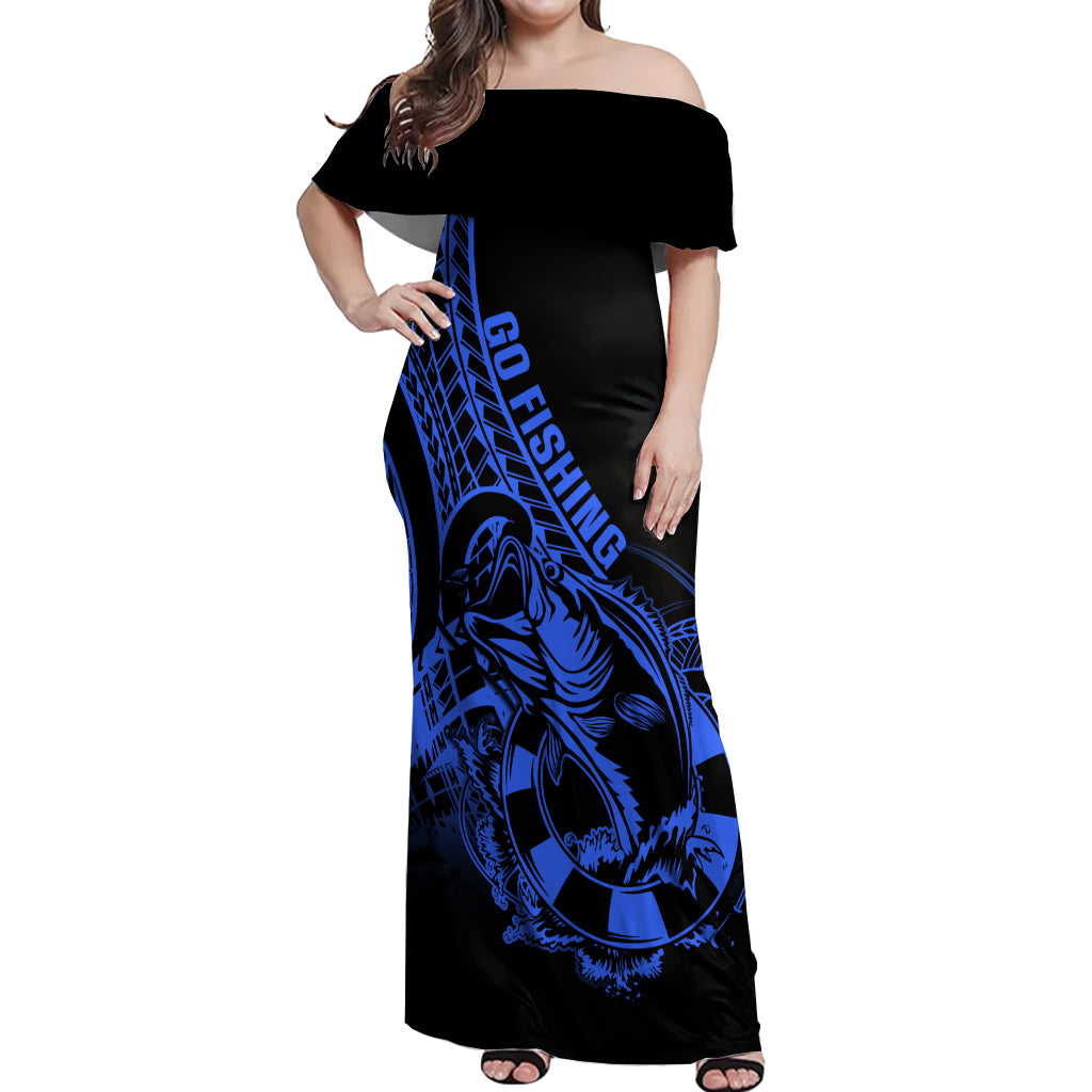 Polynesia Off Shoulder Maxi Dress Fish Hook Tattoo Go Fishing Polynesian Pattern Blue - Wonder Print Shop