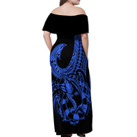 Polynesia Off Shoulder Maxi Dress Fish Hook Tattoo Go Fishing Polynesian Pattern Blue - Wonder Print Shop