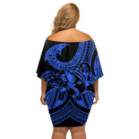 Polynesia Off Shoulder Short Dress Fish Hook Tattoo Go Fishing Polynesian Pattern Blue - Wonder Print Shop