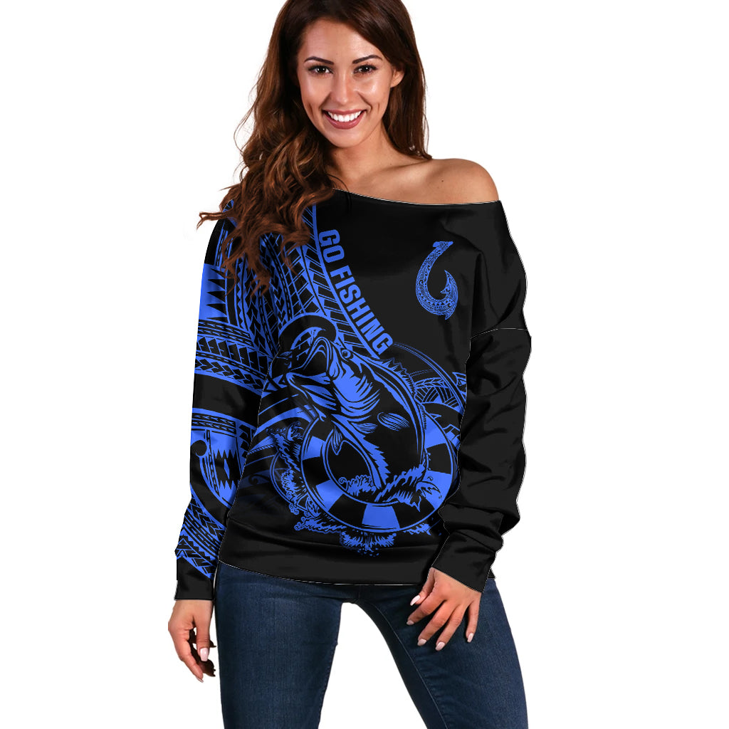 Polynesia Off Shoulder Sweater Fish Hook Tattoo Go Fishing Polynesian Pattern Blue - Wonder Print Shop