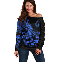Polynesia Off Shoulder Sweater Fish Hook Tattoo Go Fishing Polynesian Pattern Blue - Wonder Print Shop