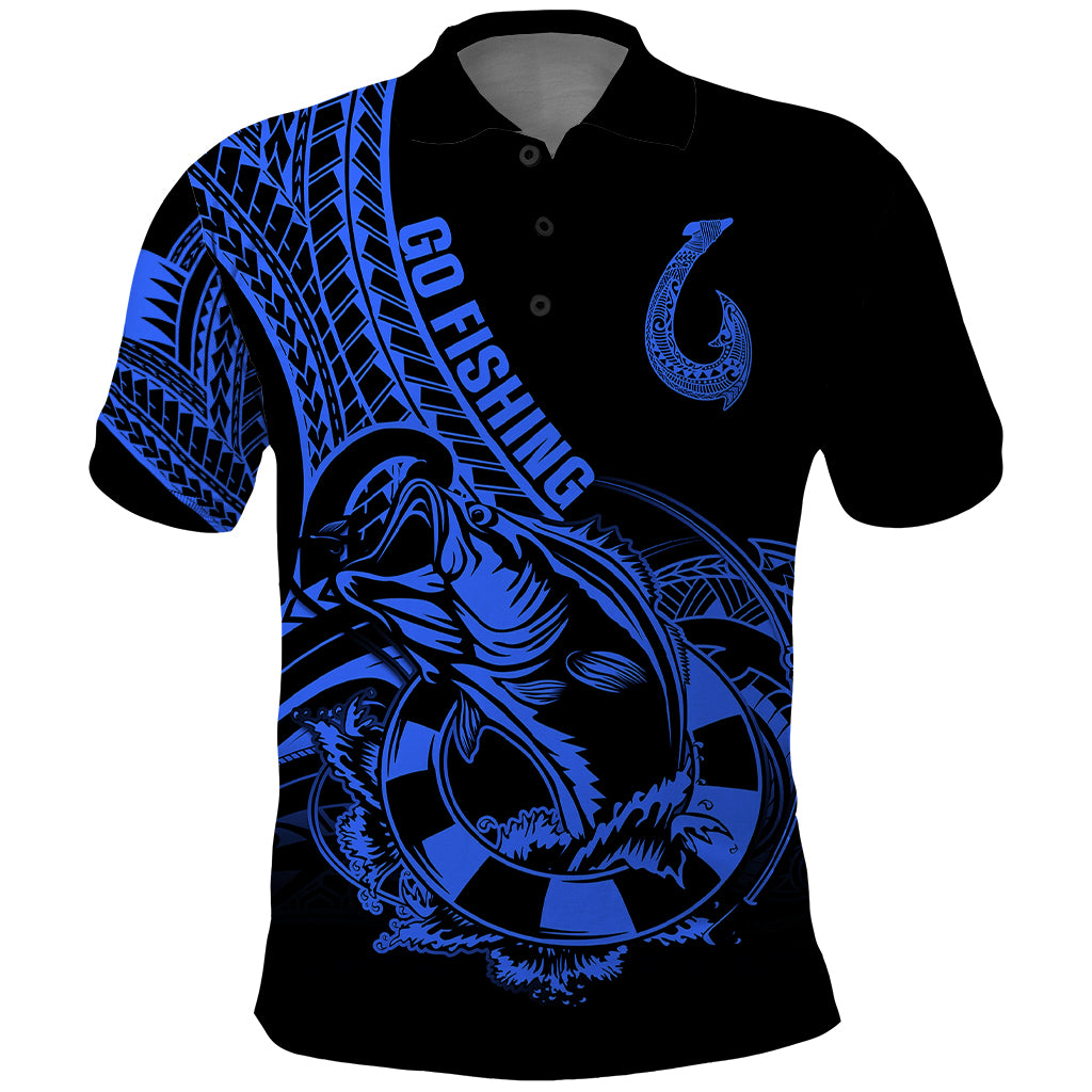 Polynesia Polo Shirt Fish Hook Tattoo Go Fishing Polynesian Pattern Blue - Wonder Print Shop