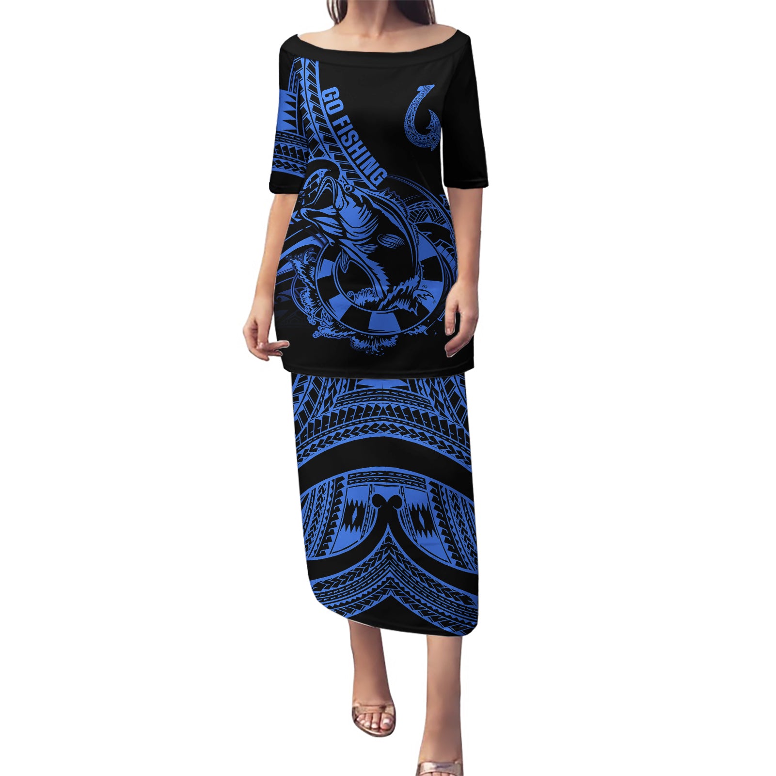 Polynesia Puletasi Fish Hook Tattoo Go Fishing Polynesian Pattern Blue - Wonder Print Shop