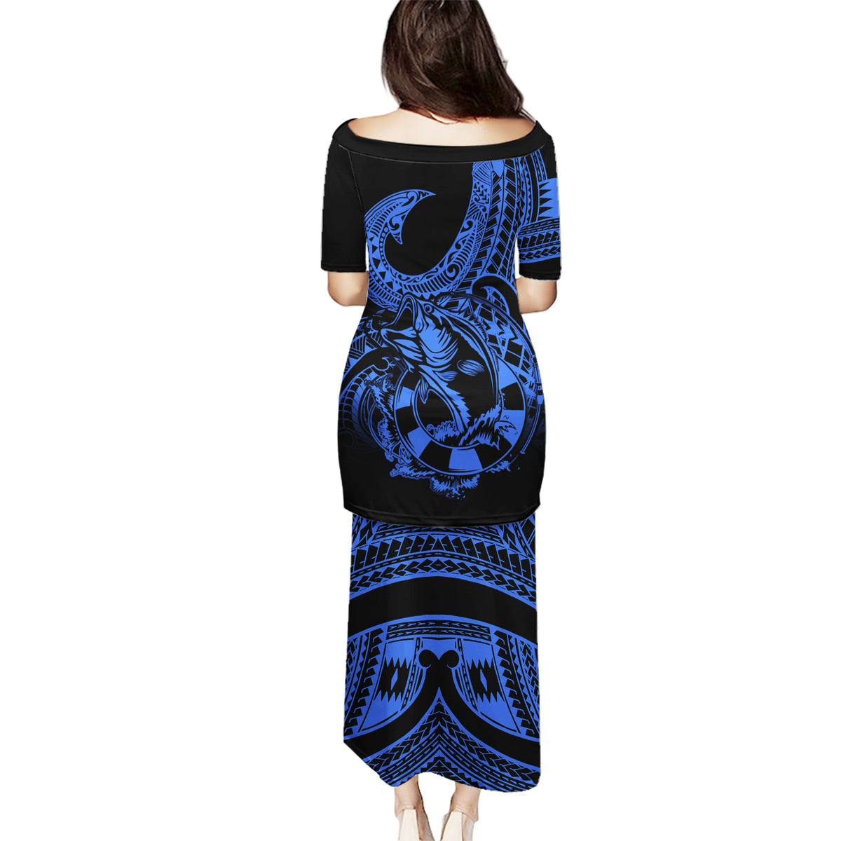 Polynesia Puletasi Fish Hook Tattoo Go Fishing Polynesian Pattern Blue - Wonder Print Shop