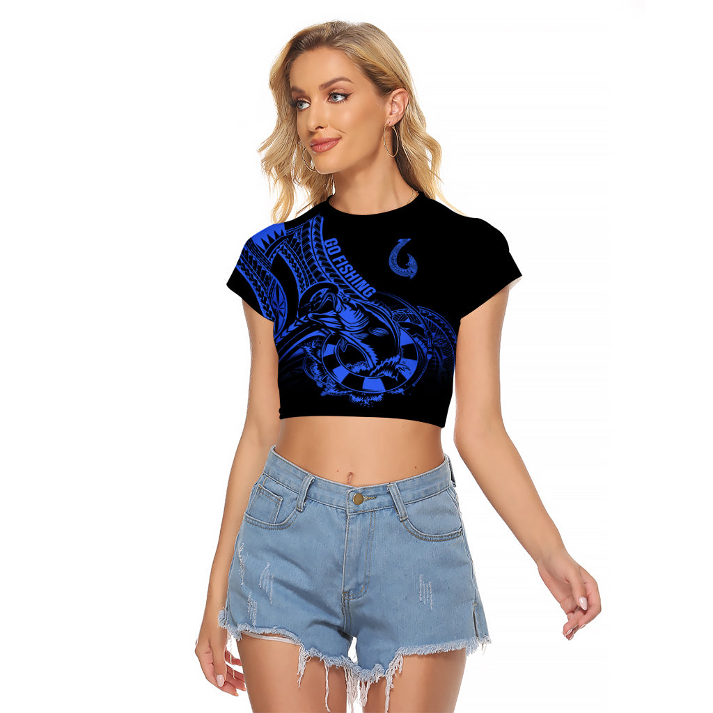 Polynesia Raglan Cropped T Shirt Fish Hook Tattoo Go Fishing Polynesian Pattern Blue - Wonder Print Shop