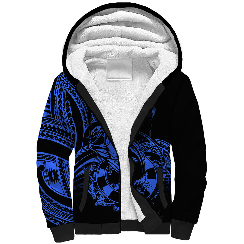 Polynesia Sherpa Hoodie Fish Hook Tattoo Go Fishing Polynesian Pattern Blue - Wonder Print Shop