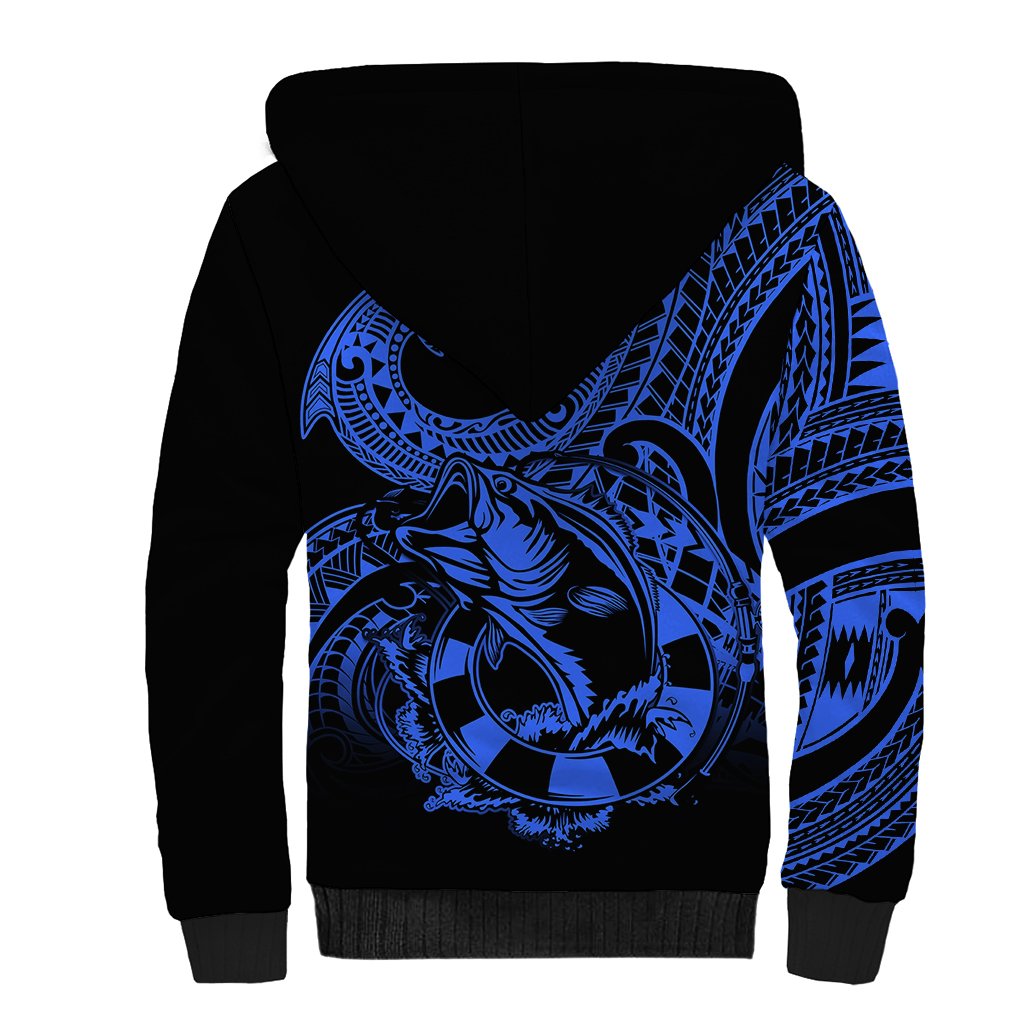 Polynesia Sherpa Hoodie Fish Hook Tattoo Go Fishing Polynesian Pattern Blue - Wonder Print Shop