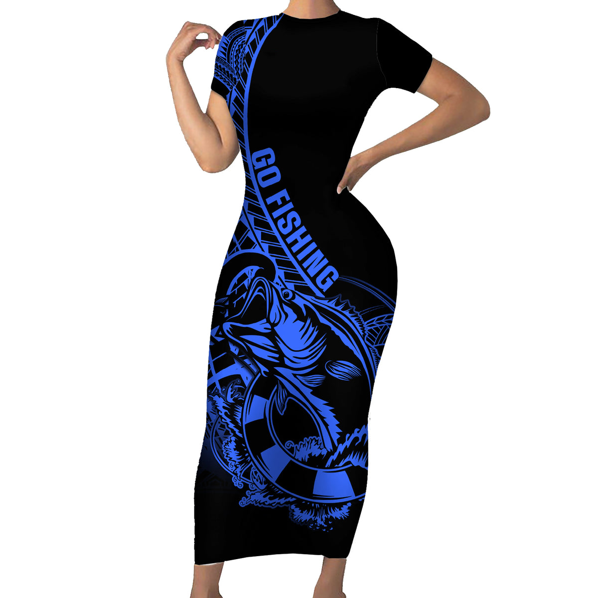 Polynesia Short Sleeve Bodycon Dress Fish Hook Tattoo Go Fishing Polynesian Pattern Blue - Wonder Print Shop