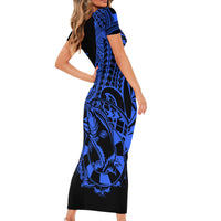 Polynesia Short Sleeve Bodycon Dress Fish Hook Tattoo Go Fishing Polynesian Pattern Blue - Wonder Print Shop