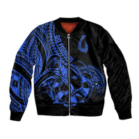 Polynesia Sleeve Zip Bomber Jacket Fish Hook Tattoo Go Fishing Polynesian Pattern Blue - Wonder Print Shop